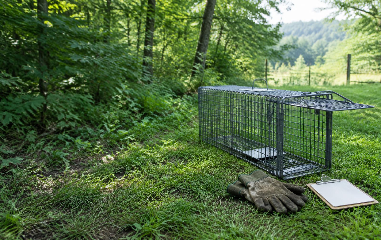 A cage trap, gloves, and field notebook at a wooded trapping site